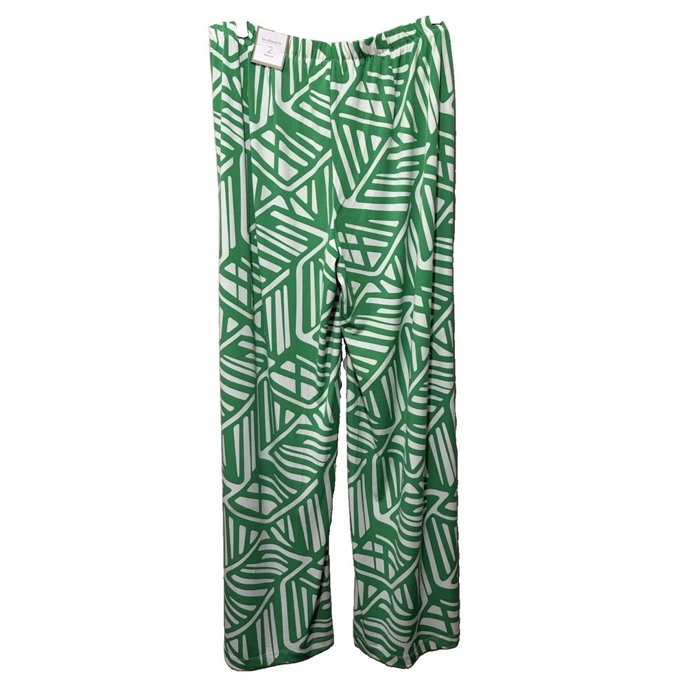 Chicos Travelers Womens 2 Green Geometric Wide Leg Pull On Palazzo Pants Stretch - Picture 5 of 8